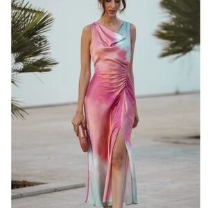 Zara NWT Pink Tie Dye Cowl satin Neck Ruched Midi Dress size S